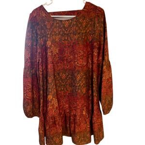 Wild Pearl Scoop Neck Floral Long Sleeve Peasant Mini Dress Size S Red Orange